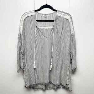 Billabong Striped Bohemian Womens Top Small 3/4 Sleeve Frayed Trim Lightweight